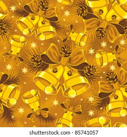 Weihnachtsglocken und Fichte nahtlose Muster in goldener Farbe. Weihnachts-Vektorgrafik.