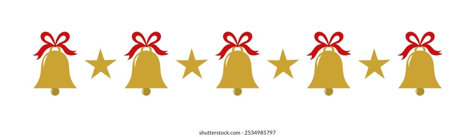 Christmas bells and stars border divider. Design elements. Vector illustration.