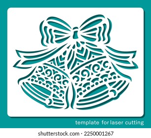 Christmas bells stencil. Two openwork bells with ornament, festive pattern, ribbons, bow. Template for plotter laser cutting of paper, fretwork, wood carving, metal engraving, cnc. Vector illustration