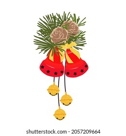 Christmas bells vector stock illustration. Christmas tree with toys. Bells. Winter postcard. Isolated on a white background.