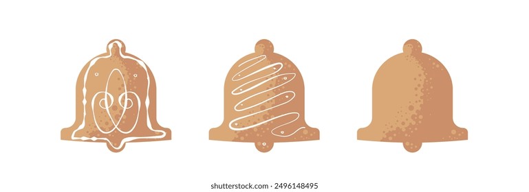 Christmas bell-shaped gingerbread cookies decorated with icing - set of vector illustrations