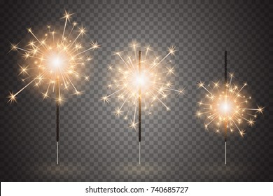 Christmas bengal light set. Realistic sparkler lights isolated on transparent background. Festive bright fireworks. Element of decorations for celebrations and holidays. Vector illustration