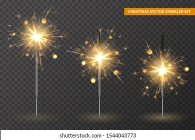 Christmas bengal lights set. Different stages of sparkler burning. Golden vector elements and light effects on transparent background. Template for holiday cards, banners and illustration.