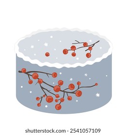 Christmas bento cake decorated with red berry branches. Xmas or Birthday sweet cake design, isolated vector illustration.