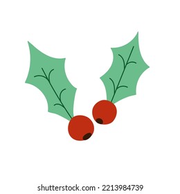 Christmas berries in cartoon style. Winter mistletoe for xmas flat design. Holly Jolly print. Vector illustration