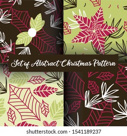 Christmas berries and leaves seamless pattern set