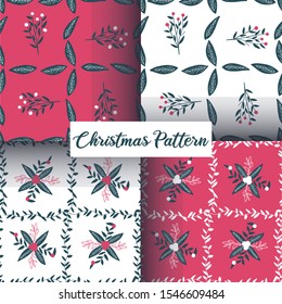 Christmas berries and leaves seamless pattern set