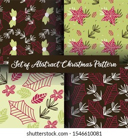 Christmas berries and leaves seamless pattern set