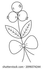 Christmas berries on a branch with leaves. Sketch. The twig is decorated with a bow. Vector illustration. Coloring book for children. Doodle style. Red currant fruit decoration. 