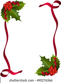 Christmas Berries with red ribbon and green leaves over white background.Christmas holly set Holly Christmas decoration. Element for design