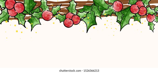 Christmas berries and vines watercolor painting wallpaper. Space for text. Vector illustration.