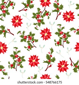 Christmas berry flower vector seamless pattern.