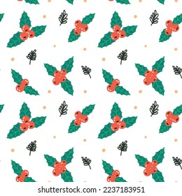 Christmas berry holly pattern background. Hand drawn vector wallpaper and Christmas paper design