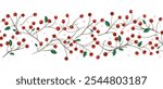 Christmas berry horizontal banner. Holly, pine twigs, red berries. Winter nature design, vector illustration. 