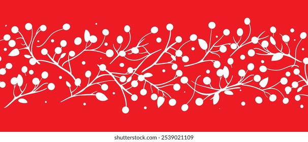 Christmas berry horizontal banner, red background. Holly, pine twigs, red berries. Winter nature design, vector illustration. 