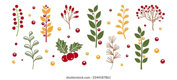 Navidades de baya, muérdago, hojas de rama. Árbol del invierno o del otoño, baya del acebo, abeto, mano de la ramita dibujada aislada en el fondo blanco. Colores rojo, verde, marrón, amarillo. Ilustración vectorial de Navidad