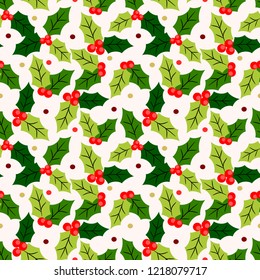 Christmas berry seamless pattern. Christmas holly on light yellow background.
