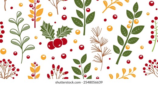 Patrón sin fisuras de la baya de las Navidades, muérdago, fondo de hojas de rama. Invierno, árbol de otoño, baya de acebo, abeto, estampado de ramitas. Colores rojo, verde, marrón, amarillo. Ilustración vectorial de Navidad