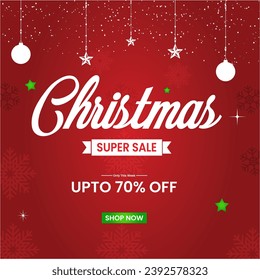 Christmas best sale special offer up to 70% off. Shop now. This weekend only. New Year Great Deals. Enjoy Merry Christmas discount, noel, Xmas, End of season. Retail Flyer, Poster. Red background.