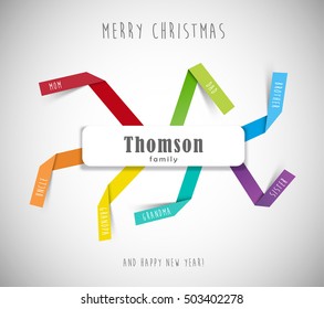 Christmas best wishes for family template with colorful folded paper stripes and place for family member names.
