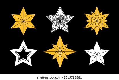 Christmas bethlehem star tree topper. Christmas metal topper for christmas tree. The star on the Christmas tree. golden, silver and copper star. Vector flat set.