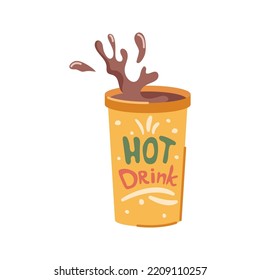 Christmas beverage, isolated hot chocolate splashes. Tasty dessert, aromatic drink, coffee or cocoa. Delicious food on winter holidays. Vector in flat style