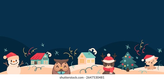 Christmas bg com o país das maravilhas do inverno no fundo escuro com animais bonitos, aldeia no dia de Natal com neve, boneco de neve, árvore. Paisagem de inverno mínima. Ilustração vetorial