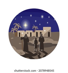 Christmas biblical scene with men standing in antic costumes at night and looking at a star over the houses, palms against the dark sky. Greeting card, banner.