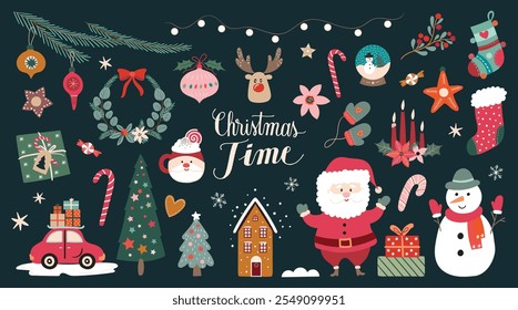Christmas big collection of seasonal elements, winter design, vector