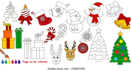 Christmas big coloring book. Colorless and colorful set in vector. 