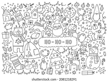 Christmas Big coloring page  in doodle style. 