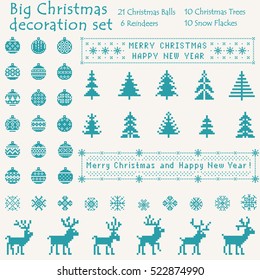 Christmas big decoration set of 21 Balls, 10 Trees, 10 Snowflakes and 6 Reindeers. Nordic Scandinavian style. Turquoise pixel images with broken white background. Vector eps file.