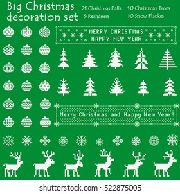 Christmas big decoration set of 21 Balls, 10 Trees, 10 Snowflakes and 6 Reindeers. Nordic Scandinavian style. Broken white pixel images with green background. Vector eps file.
