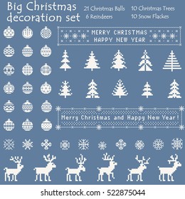 Christmas big decoration set of 21 Balls, 10 Trees, 10 Snowflakes and 6 Reindeers. Nordic Scandinavian style. Broken white pixel images with dark blue background. Vector eps file.