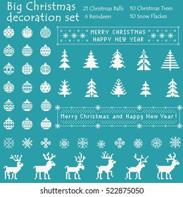 Christmas big decoration set of 21 Balls, 10 Trees, 10 Snowflakes and 6 Reindeers. Nordic Scandinavian style. Broken white pixel images with turquoise background. Vector eps file.