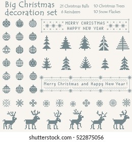 Christmas big decoration set of 21 Balls, 10 Trees, 10 Snowflakes and 6 Reindeers. Nordic Scandinavian style. Grey pixel images with broken white background. Vector eps file.