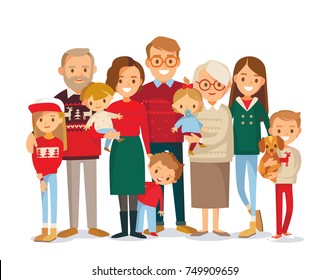 Christmas Big happy multi-generational family siblings relatives portrait. Vector people. Seniors mother and father with babies, children grandchildrens and grandparents. Grandma grandpa mom dad. - Shutterstock ID 749909659