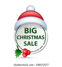 Christmas big sale badge label in grunge style with santa hat, vector isolated illustration.