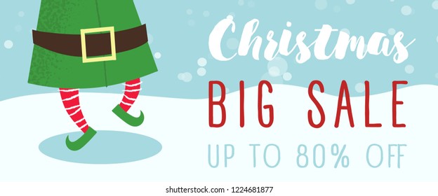 Christmas big sale banner design. Xmas elf dancing with snow in background. Illustration can be used for flyers, posters, signs