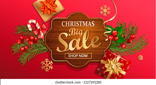 Christmas big sale banner for New Year holidays. Discount template on wooden frame on red background with traditional christmas elements-gift box with gold bow,candy,branch.Vector illustration.