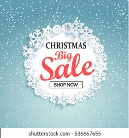 Christmas big sale. Sale design  Circle frame with snowflakes on a winter background.  . Vector illustration banner.