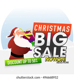 Christmas Big Sale with Discount upto 50%. Illustration of Santa Claus holding big gift box.