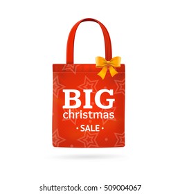Christmas Big Sale Fabric Cloth Bag Tote. Best Offer. Vector illustration of red ecobag with  bow, stars and text. Discount Label for xmas