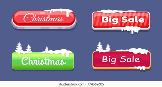 Christmas big sale glossy web push buttons covered with snow and decorated by Xmas trees vector online shopping signs isolated on blue website labels
