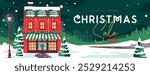 Christmas big sale holiday banner or poster with house, winter landscape, city, forest and mountains. Christmas background. Flat design. Vector illustration