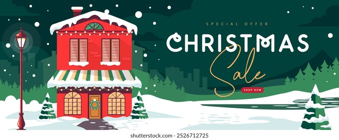 Christmas big sale holiday banner or poster with house, winter landscape, city, forest and mountains. Christmas background. Flat design. Vector illustration