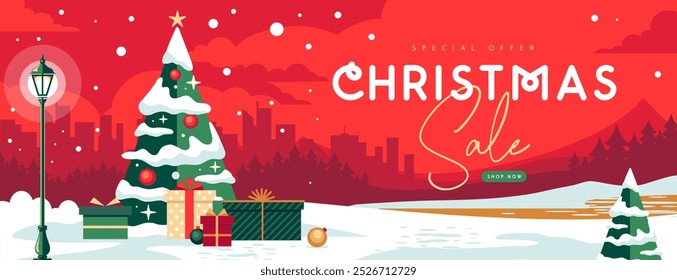 Christmas big sale holiday banner or poster with Christmas tree, gift boxes, winter landscape, city, forest and mountains. Christmas background. Flat design. Vector illustration