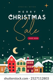 Christmas big sale holiday banner or poster with night winter town. Christmas background. Flat design. Vector illustration