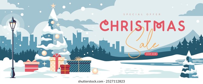 Banner ou cartaz de Natal grande venda de férias com árvore de Natal, caixas de presente, paisagem de inverno, cidade, floresta e montanhas. Fundo de Natal. Design plano. Ilustração vetorial