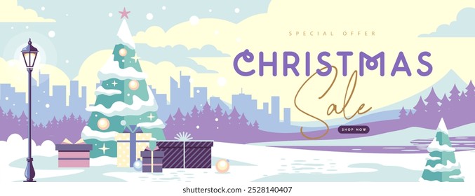 Christmas big sale holiday banner or poster with Christmas tree, gift boxes, winter landscape, city, forest and mountains. Christmas background. Flat design. Vector illustration